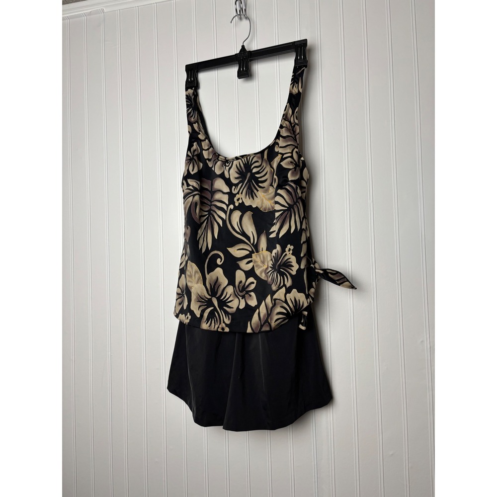Le Cove Women Black Tan Tropical Floral Swim Dress One Piece Swimsuit Size 16